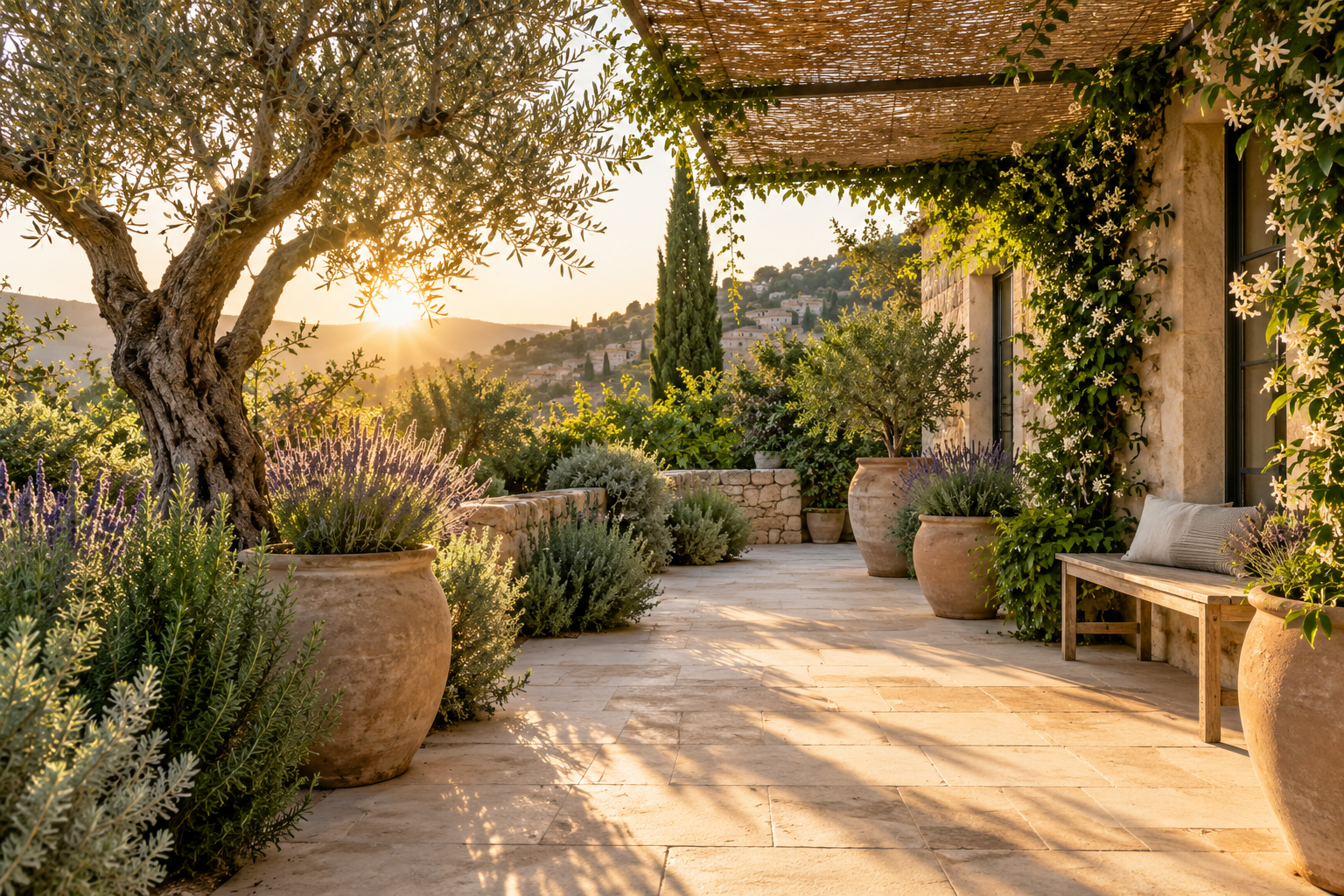 Pati mediterrani amb olivera, lavanda i testos de terracota